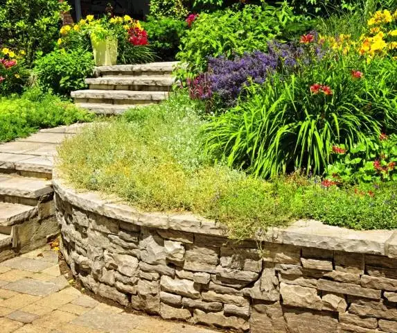 Stacked stone planter walls with stone steps and flowering beds