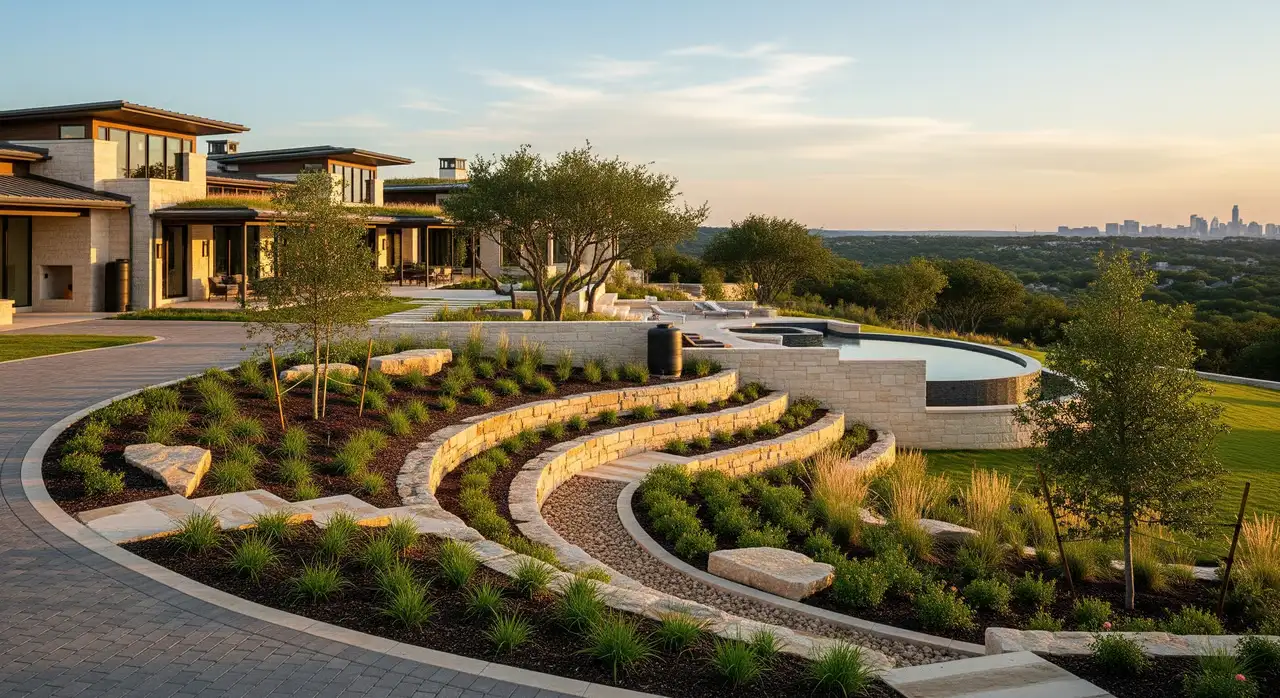 Curving terraced walls stepping down a hillside toward a Hill Country view